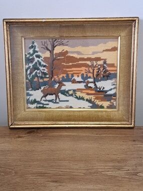Vintage Needlepoint Framed Artwork Deer Cabins Nature Scene Woodland Classic
